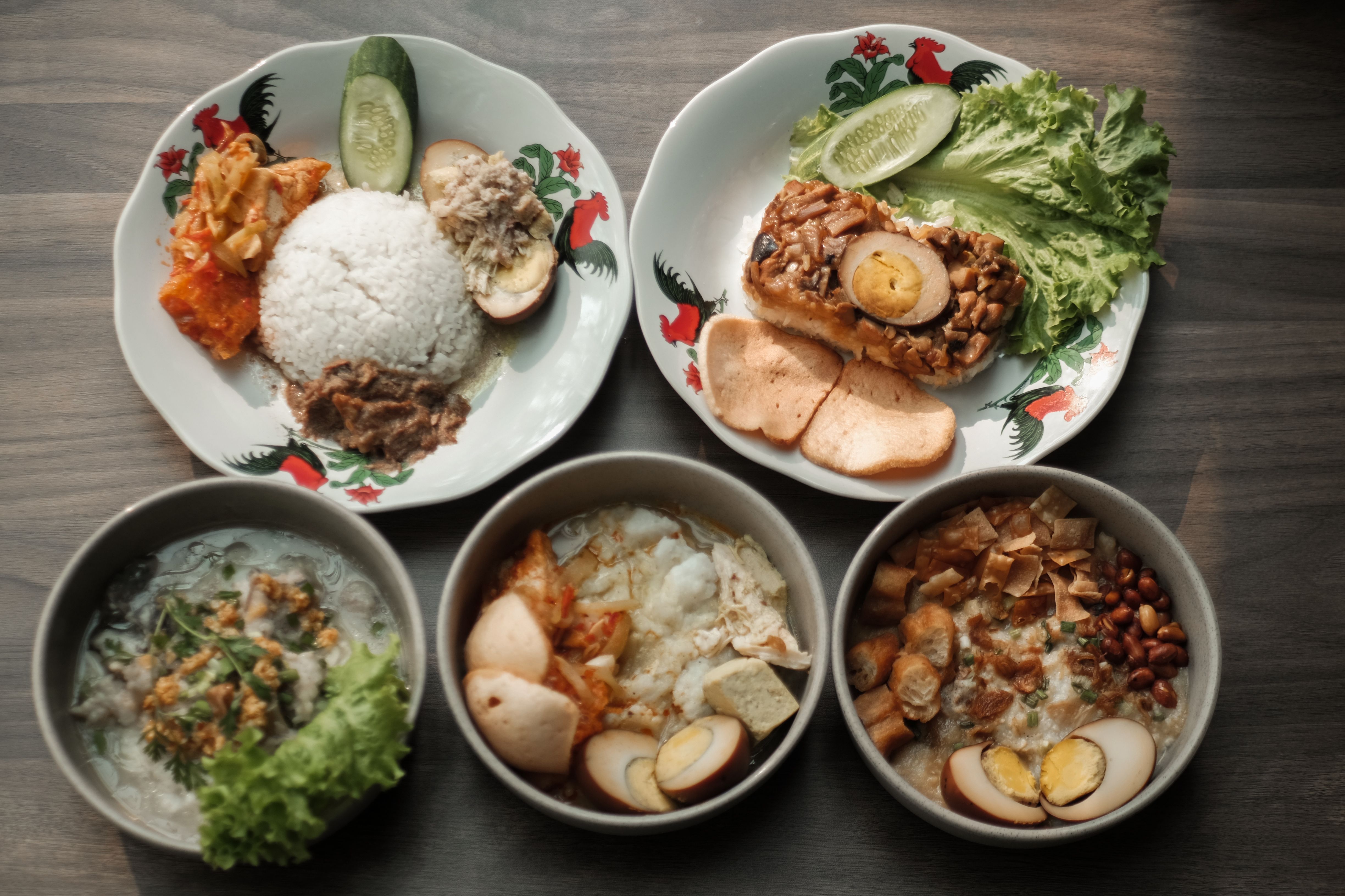 A selection of traditional Indonesian dishes served in Semarang, Central Java.